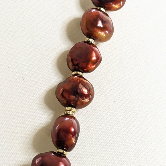 Natural Copper Iron Red Pearl And Peach Pearls In Assymetrical Necklace - Picture 5 of 9